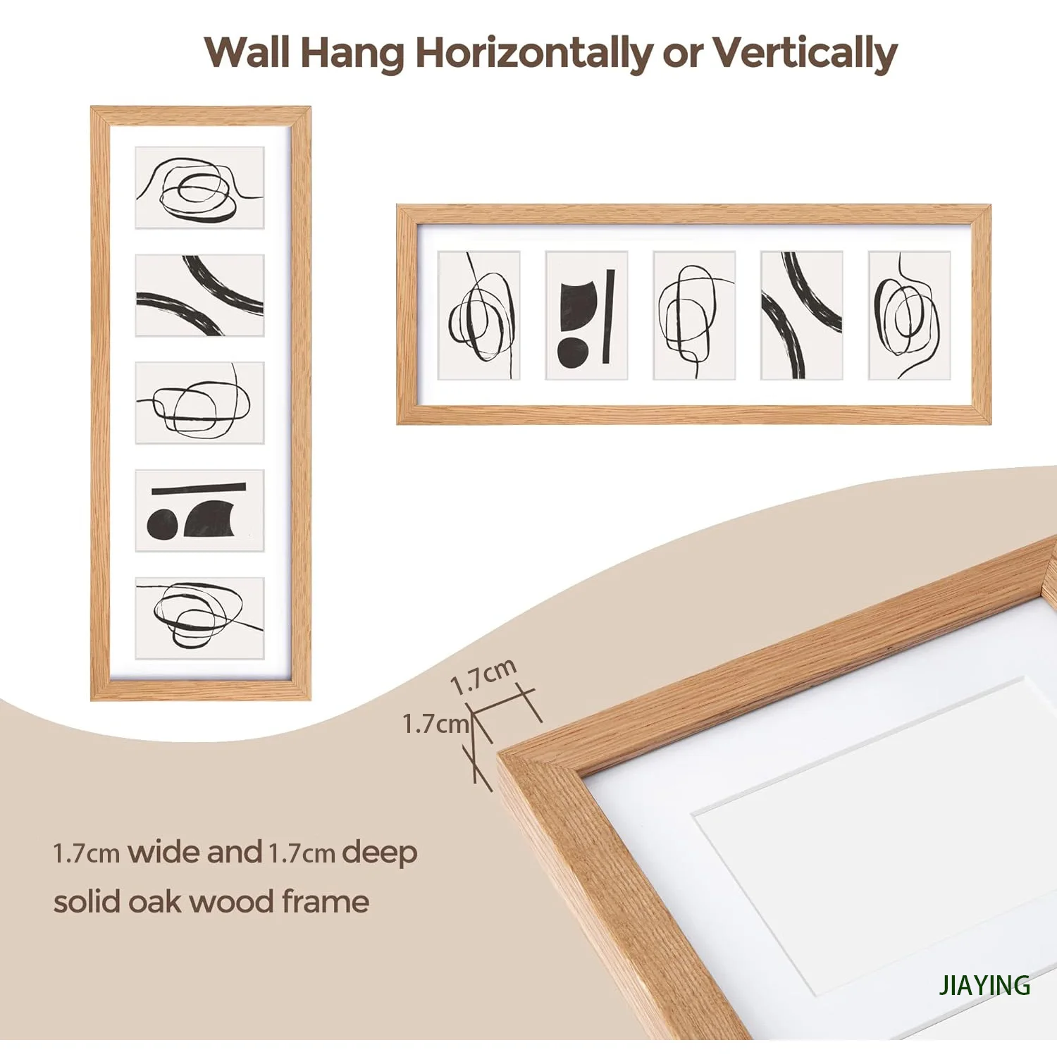 Display Multiple Five 4x6 Photos or 8x24 without Mat Wall Mounting Horizontal or Vertical Natural Oak wood 8x24 Picture Frame