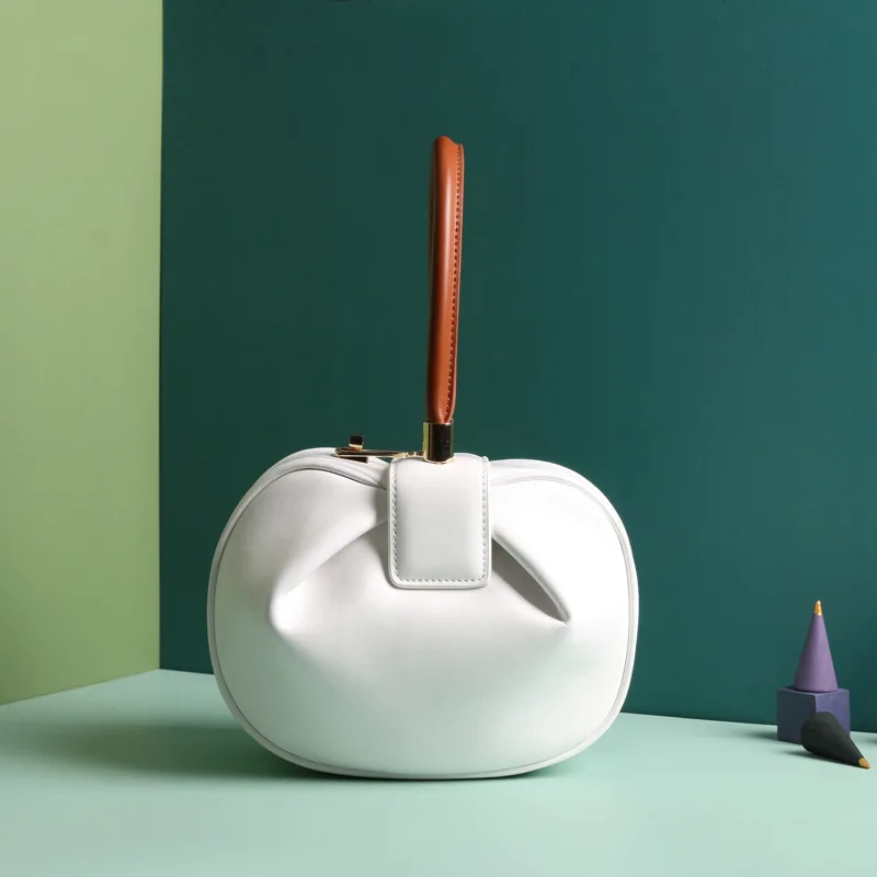 Vintage Elegant Leather Bucket Handbags Ladies Solid Dumpling Bag Top-handle Clutches Evening Tote Bags