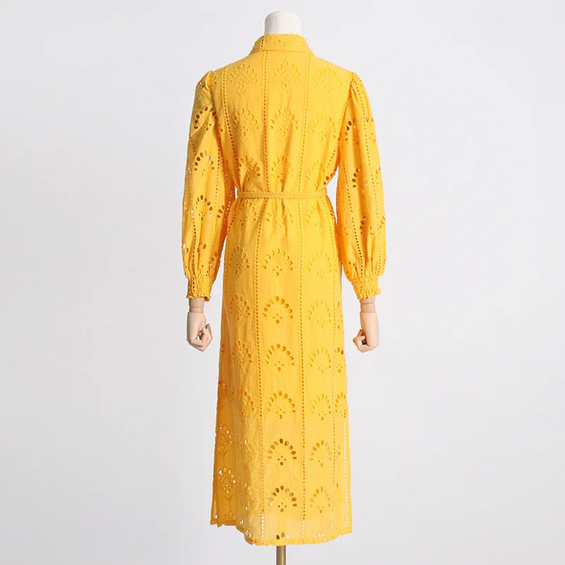 2023 Spring New Short-Sleeved French Retro Lapel Hollow Jacquard Waist Slimming Temperament Dress Women