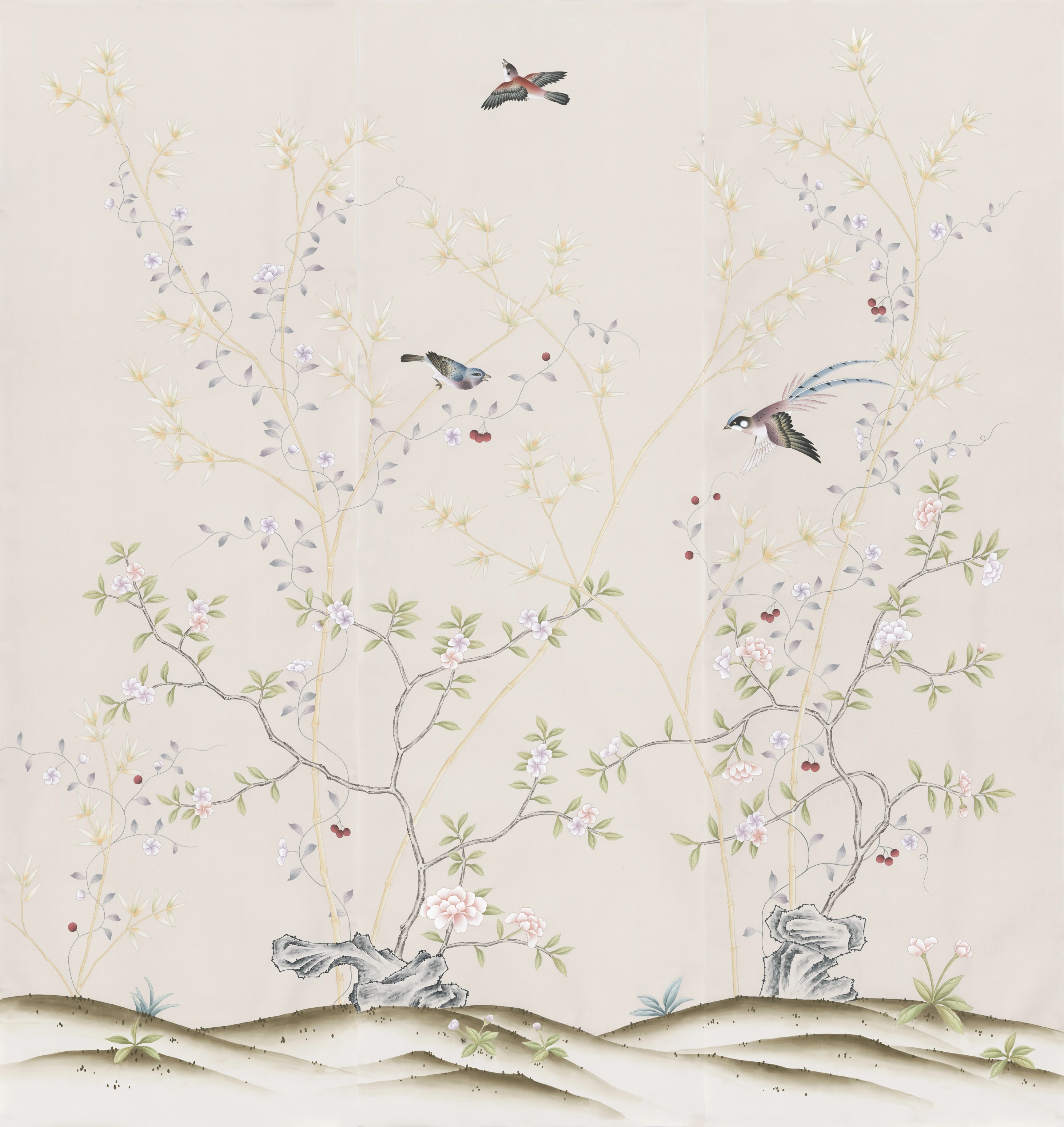 Luxury Interior Wall Decor Floral Long Tail Bird Design Silk Chinoiserie Handpainted Wallpaper