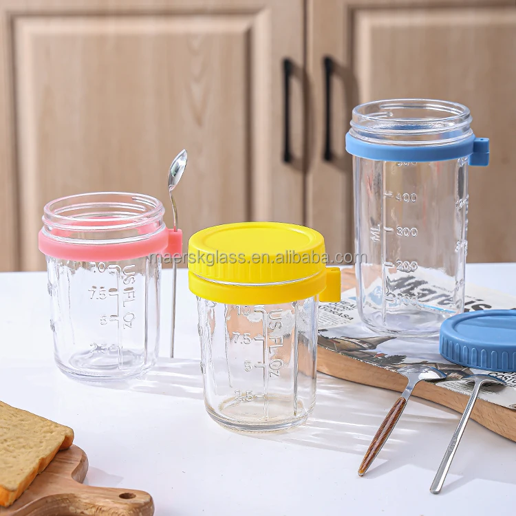 Factory Wholesale 4pc 12oz Glass Overnight Oats Jars With Lid And Spoon For Overnight Oatmeal Fruit Salad Camping Kitchen Use