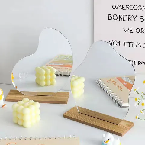 Wooden Base Cosmetic de maquillaje Acrylic Decoration Standing Mirror Home Desktop Makeup Mirror Simple Irregular Mirror