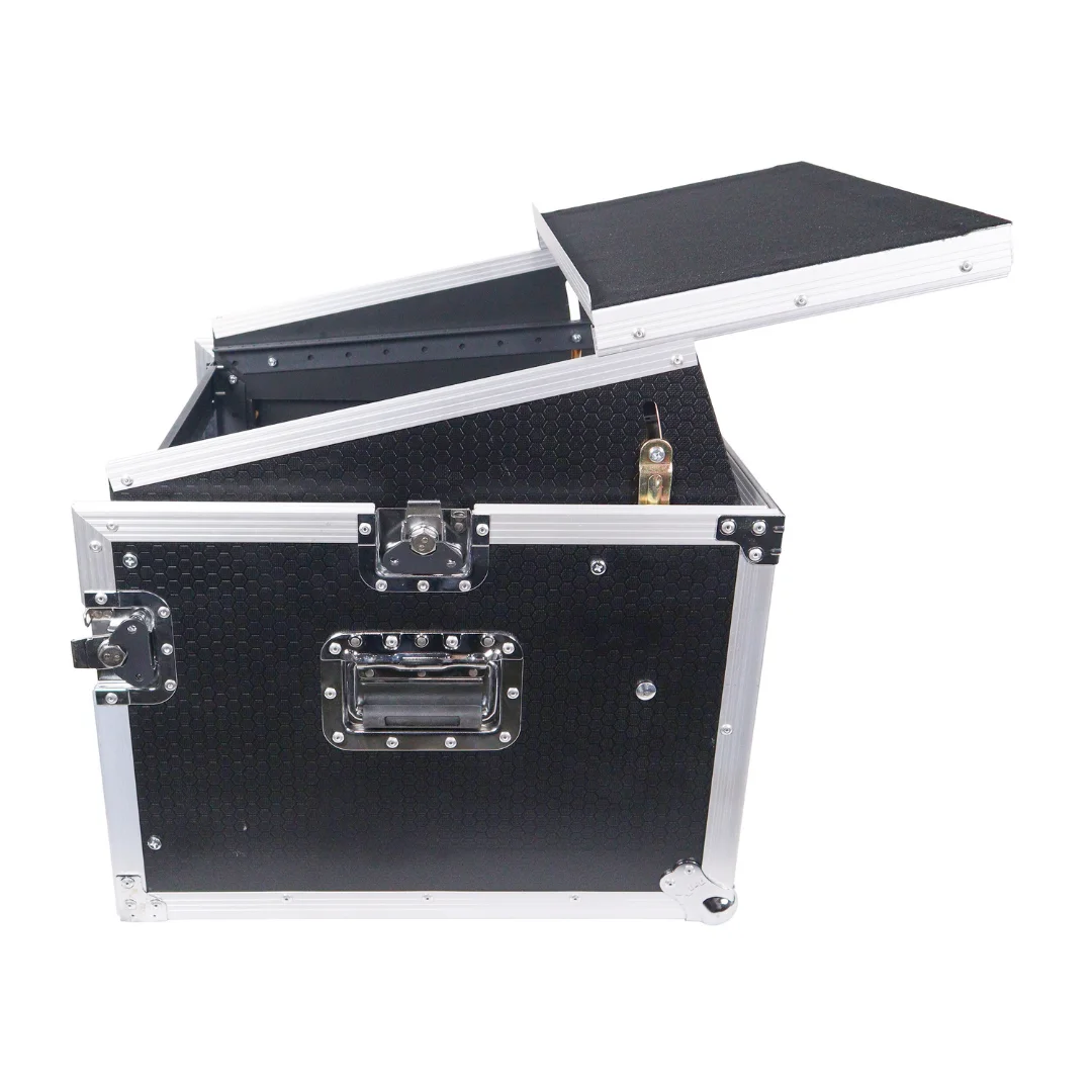 Factory Custom Aluminum Vertical Rack Mount Flight Case with for Mixer Combo Amp Rack with Laptop Shelf and Wheels