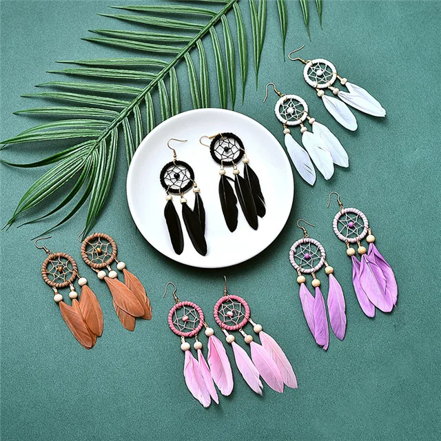 Creative Bohemia Style Pink Blue Long Feather Wooden Beads Tassel Dream Catcher Earrings