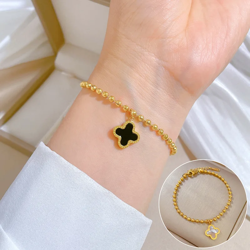 Gold Plated Ball Chain Bracelet Lucky Double-sided Stainless Steel Four Leaf Clover Bracelet for Women Girls