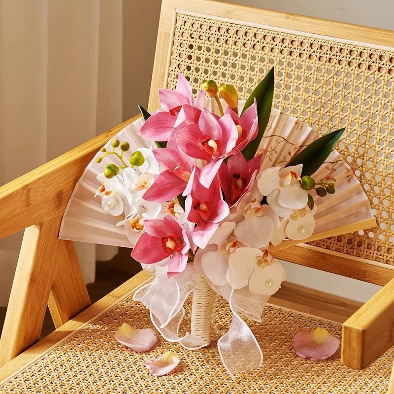 Wedding Ancient Style Wedding Welcome Morning Robe Fan New Chinese Bride Photography Props Phalaenopsis Orchid Folding Fan