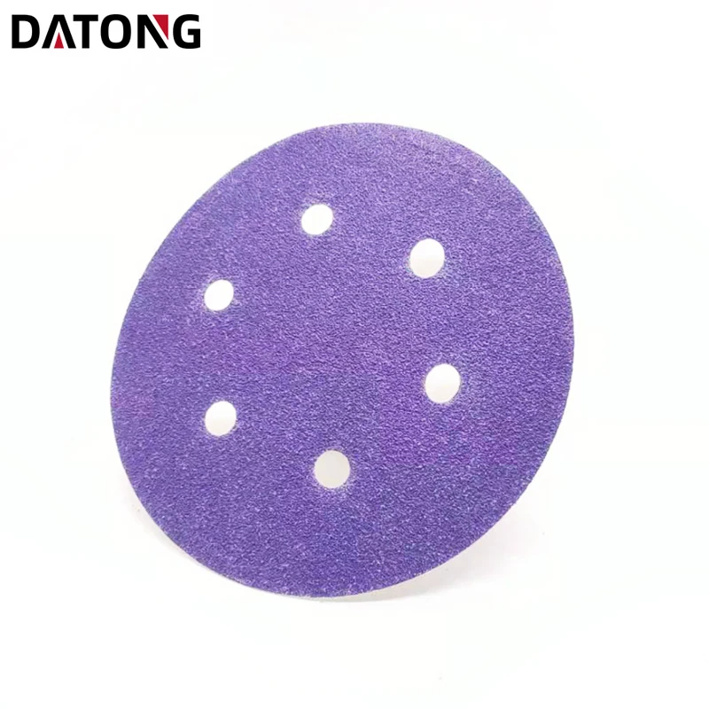 Оптовая продажа высококачественные абразивы Datong наждачная бумага 5 дюймов 6 отверстий зернистость 80 круглый керамический фиолетовый шлифовальный диск для металла и