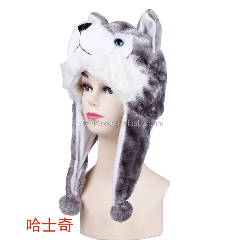 Customized Logo Plush Husky Animal Hood Cow Tiger Wolf Winter Hat Costume Earmuff