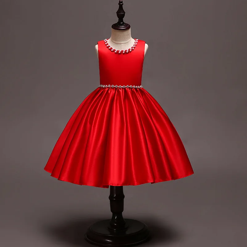 2020 High Quality Wedding Satin Sleeveless Girl Party Dress O-neck Girl Dress 4-12 Years Red Christmas Party Dress