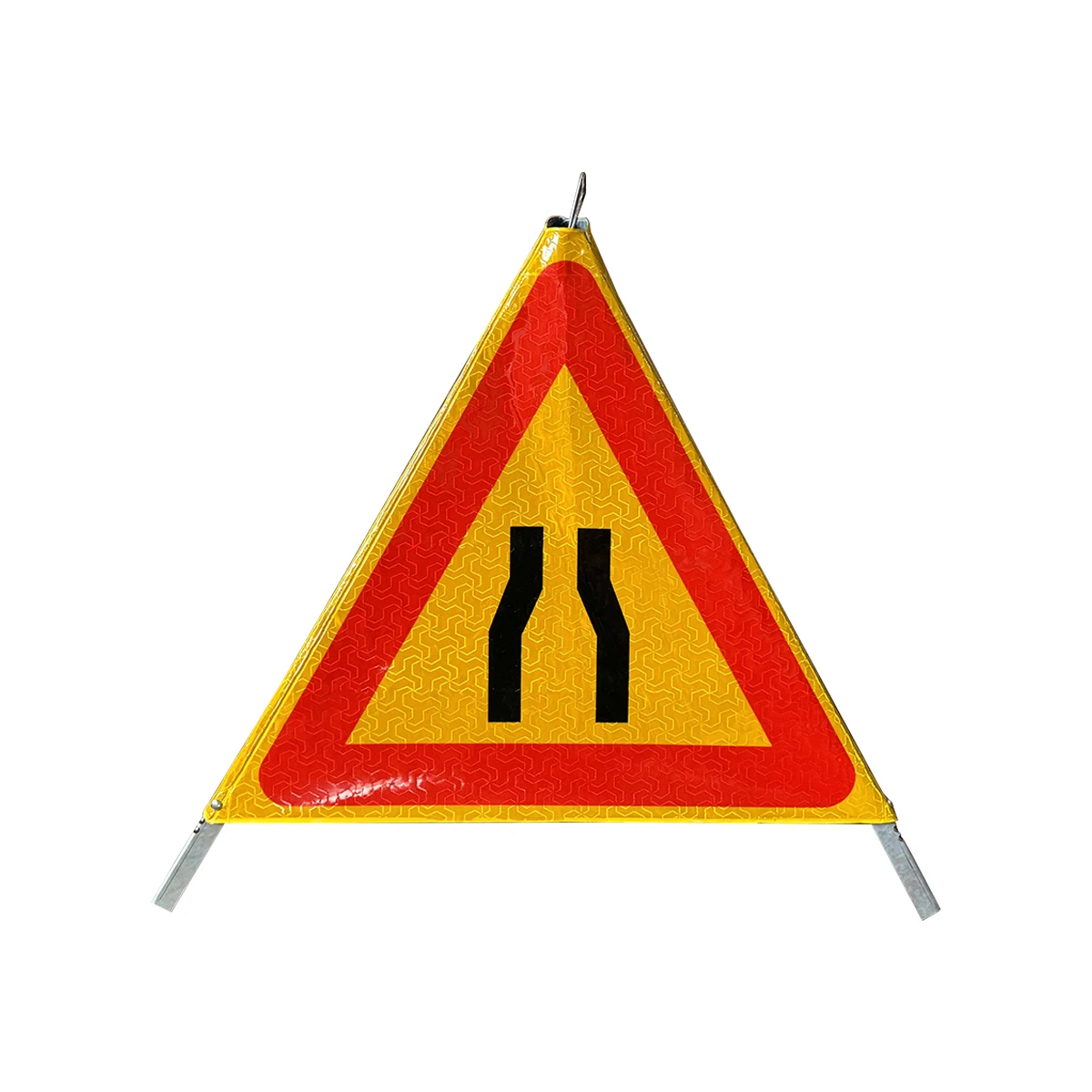 Yellow Red Road Narrows Ahead 3 Sided Portable Pyramid Signal Reflective Folding Tripod Warning Triangle Sign Stand
