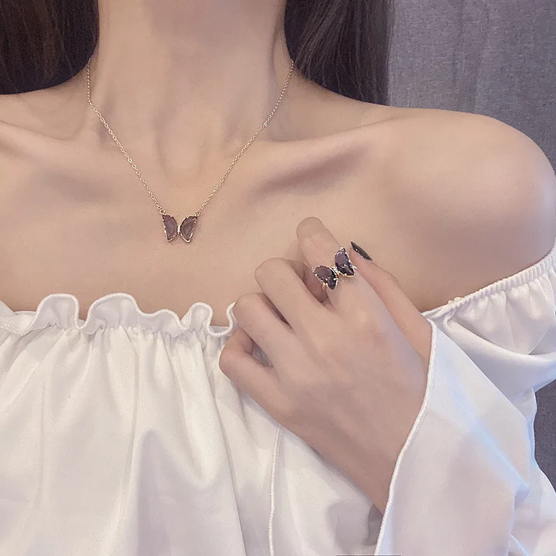 Trendy Amethyst Earrings Ladies Butterfly Women Earrings Necklace Crystal Ring Jewelry Sets Women