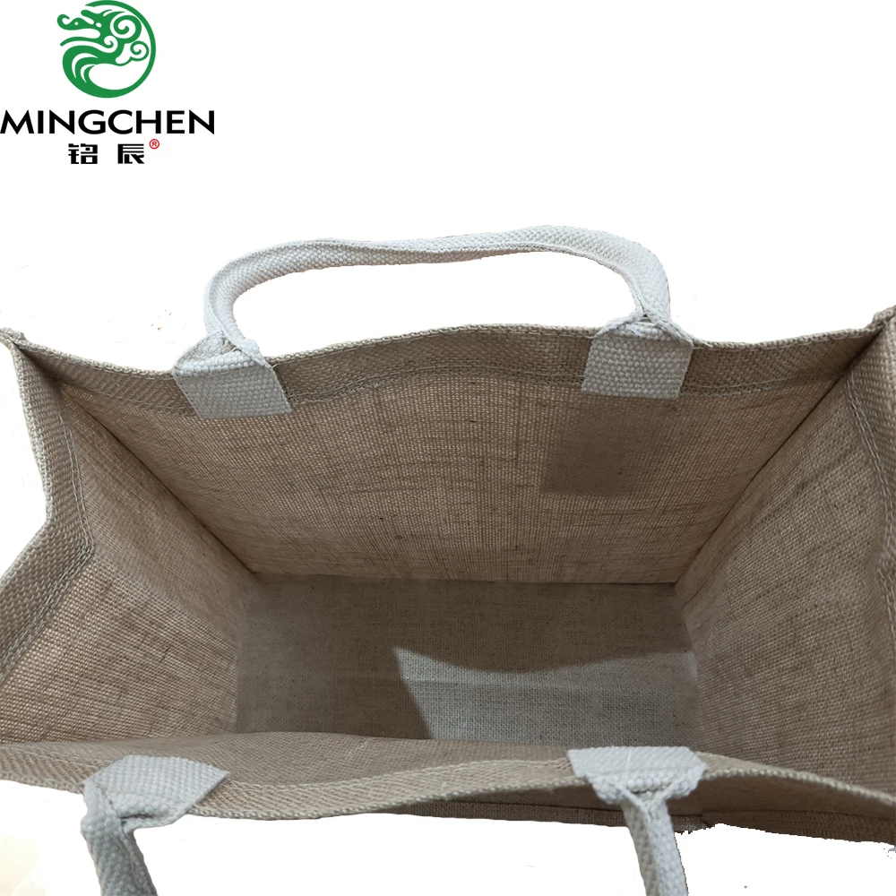 large durable   real jute fabric with lamination inside  shopping bag with cotton rope   handles