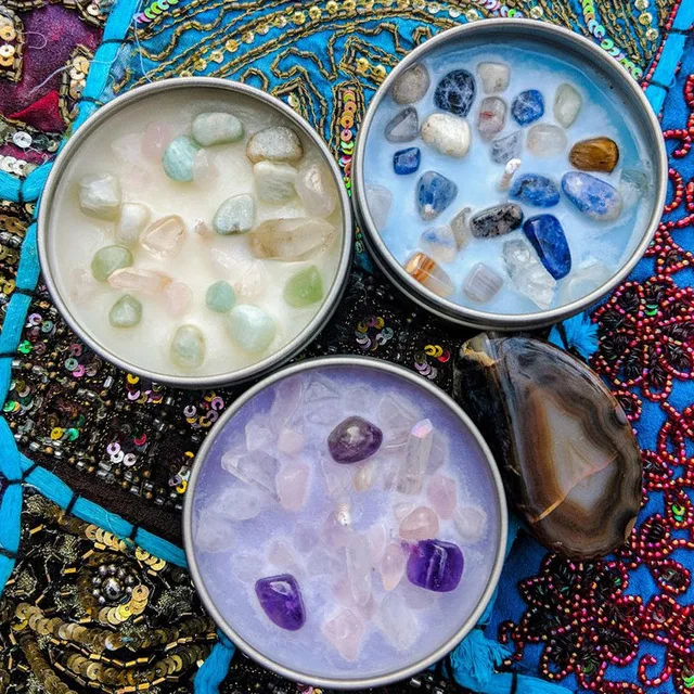 Glass Jar Wood Lids 200g Natural Soy Wax Crystal Scented Candle with gems stone inside