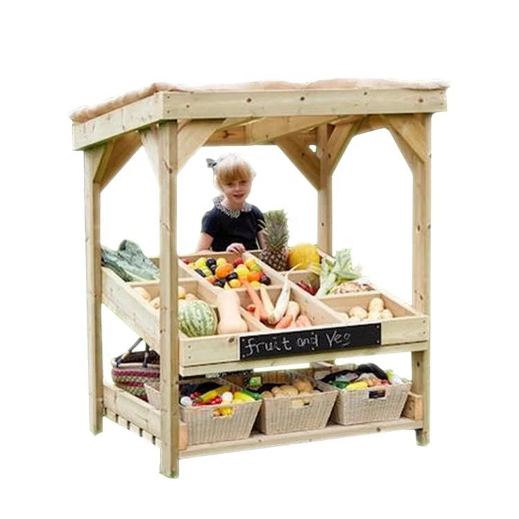 Outdoor Solid Wooden Children Role Play Centre 2 Tires Robust Market Fruit And Veggie Stall For Kids