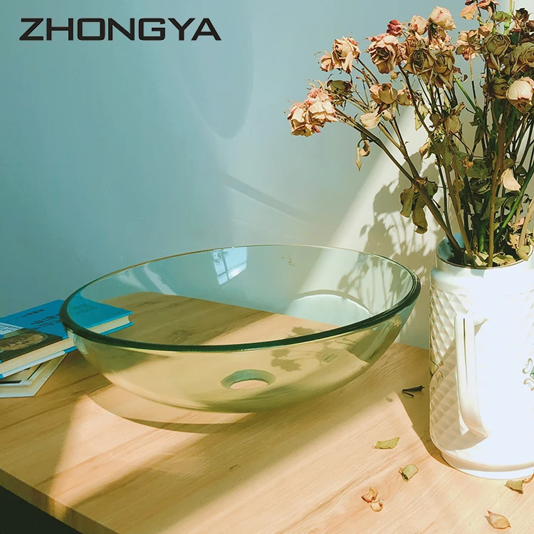 ZHONGYA Modern Glass Vessel Sink Above Counter Bathroom Vanity Round Glass Washing Basin