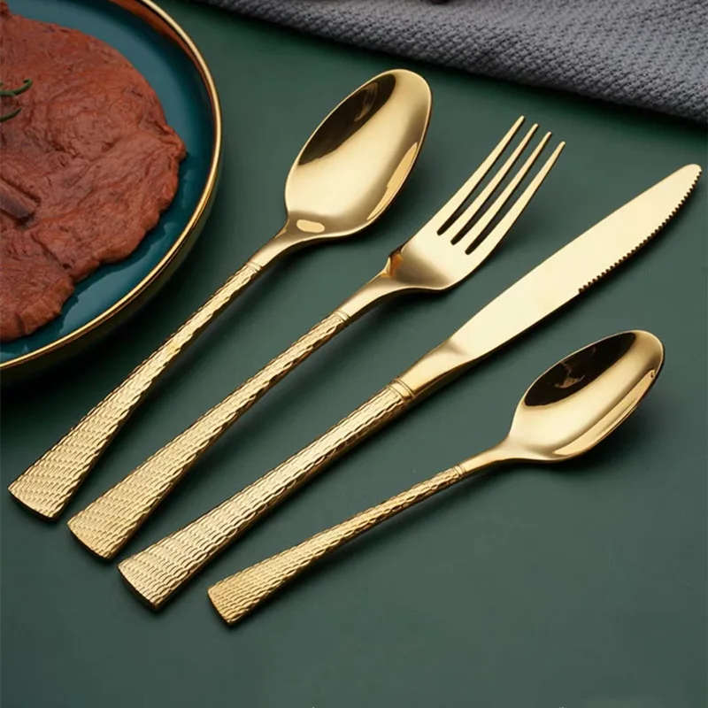 Custom Restaurant Knife Spoon Fork Flatware Black Wedding Gold Trim 304 Stainless Steel Cutlery Set