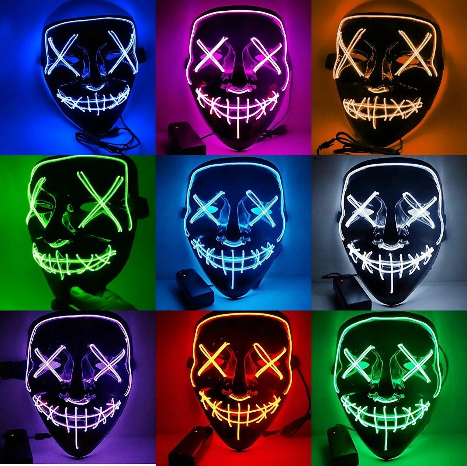 2024 Hot Sale  LED Glowing Halloween Party Mask PVC Horror Facepiece Light Up Scary EL Wire Black V Halloween Mask