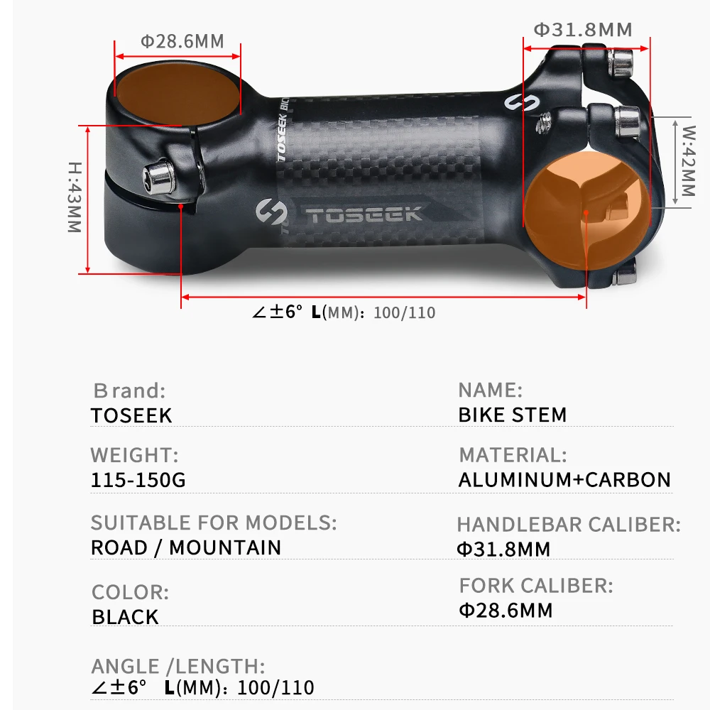 Toseek 6 Degree Bicycle 31.8mm Stem Mtb 100/110mm Carbon Aluminum Stem Black Matte Short Road Folding Mountain Bike Stem