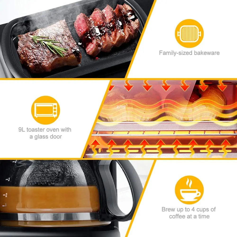Multifunctional Family Size Sandwich Coffee Maker Electric Toaster Oven 3 In 1 Breakfast