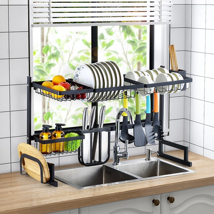  New Products Kitchen Standing Over The Sink Storage Organizer Two Tiers Iron Of Dish Drainer Drying
