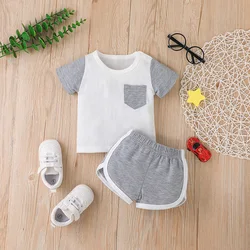 Wholesale autumn spring contrast color stitching kids baby boy clothes with shirt and pants set