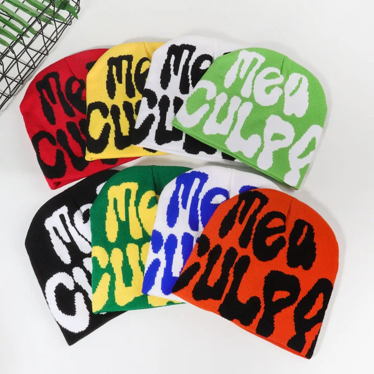 Low MOQ Y2K Gothic All Over Print No Cuff Fold Winter Skull Cap Custom Logo Jacquard Knit Beanie