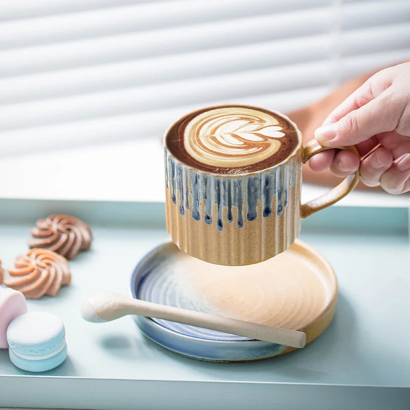 250ML Light Luxury Style Striped Coffee Mug Cup And Saucer Retro Stoneware Japanese Flowing Glaze Afternoon Tea Cup with Saucer