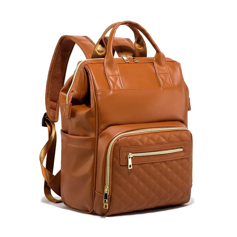 Leather Diaper Bag Backpack for Women with Multiple Pockets Baby Travel Bag Organizer Custom Vegan Leather PU OEM Print 1pcs/opp