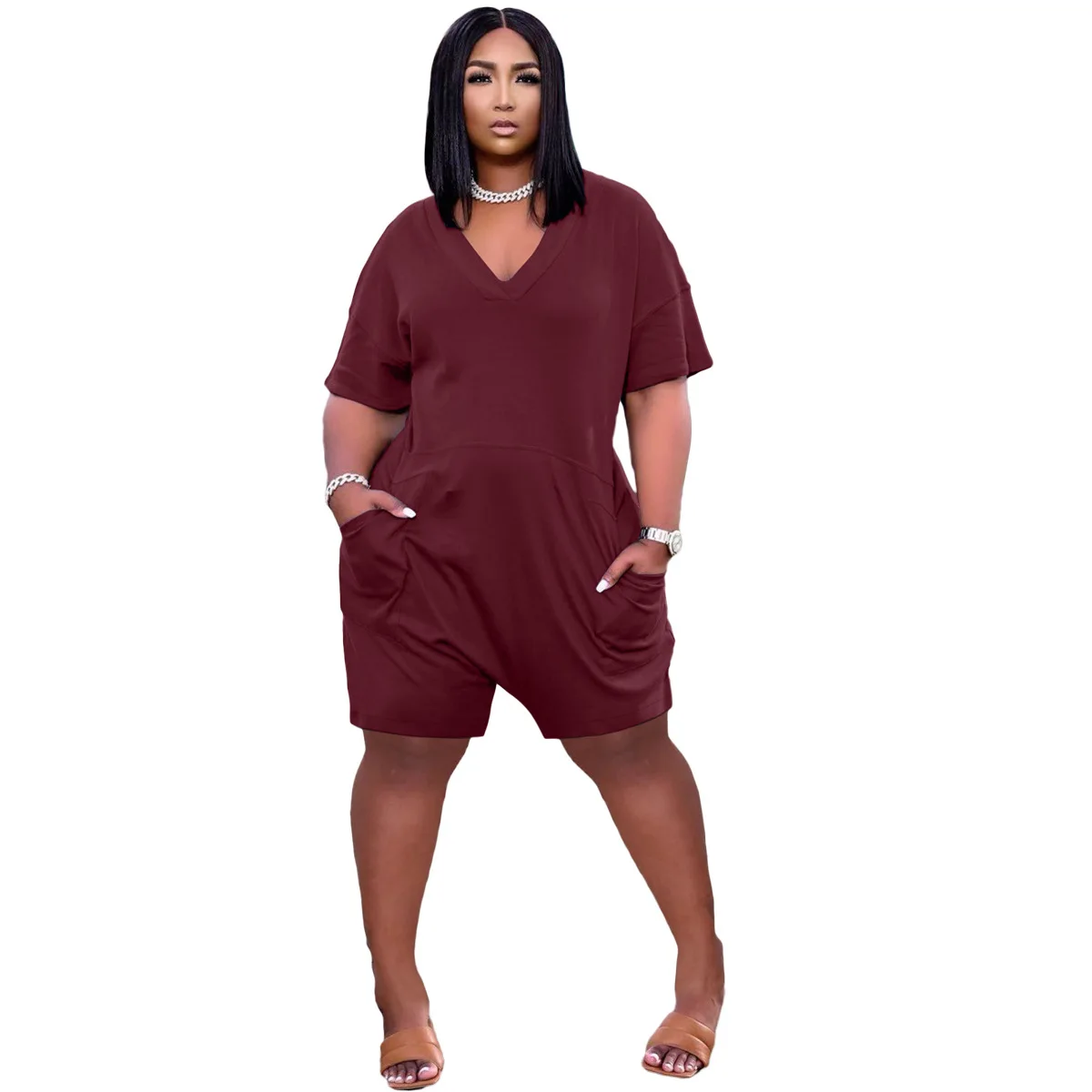 Hot Selling 2023 Short Sleeve Romper for Fat Woman V Neck Pocket Jumpsuit