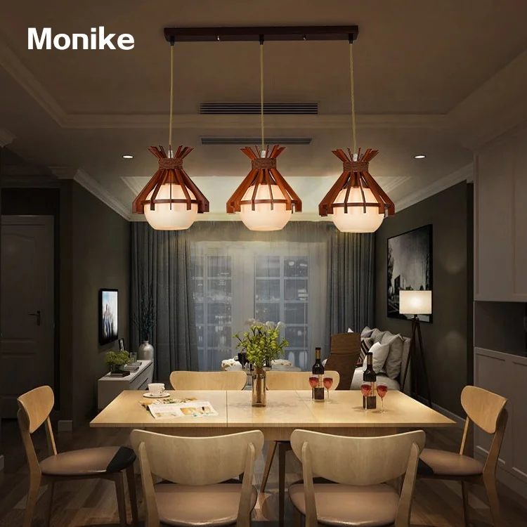 Single Style Home Bar Office Restaurant Wooden Glass E27 Hanging Light