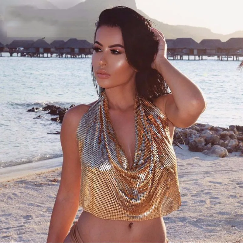 HOBISH Hot Sale Tops Low Cut Backless Sequins Tether Deep V Navel Crest Top Women