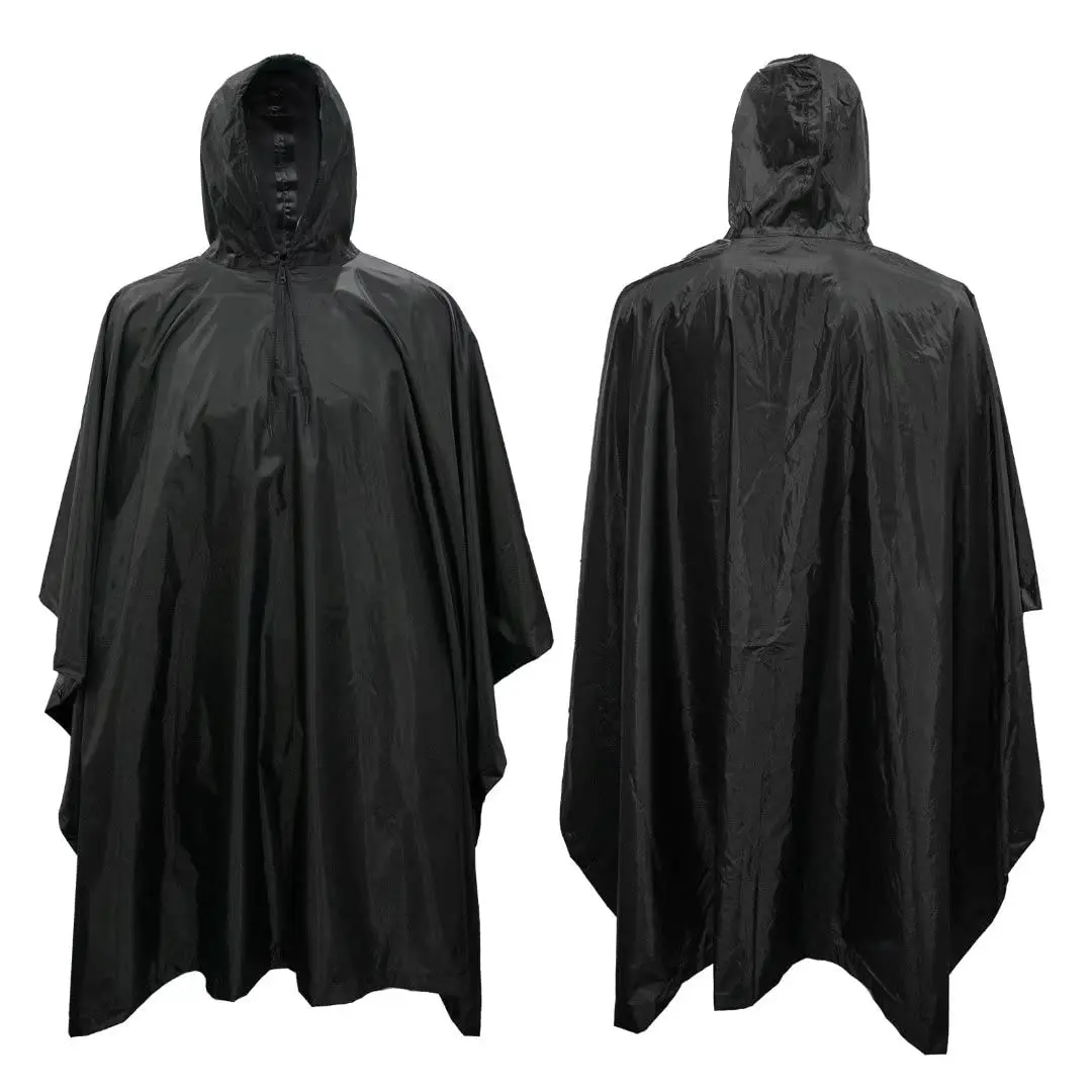 3 In 1 Unisex Solid Color Poncho Hooded Black Waterproof Rain Poncho