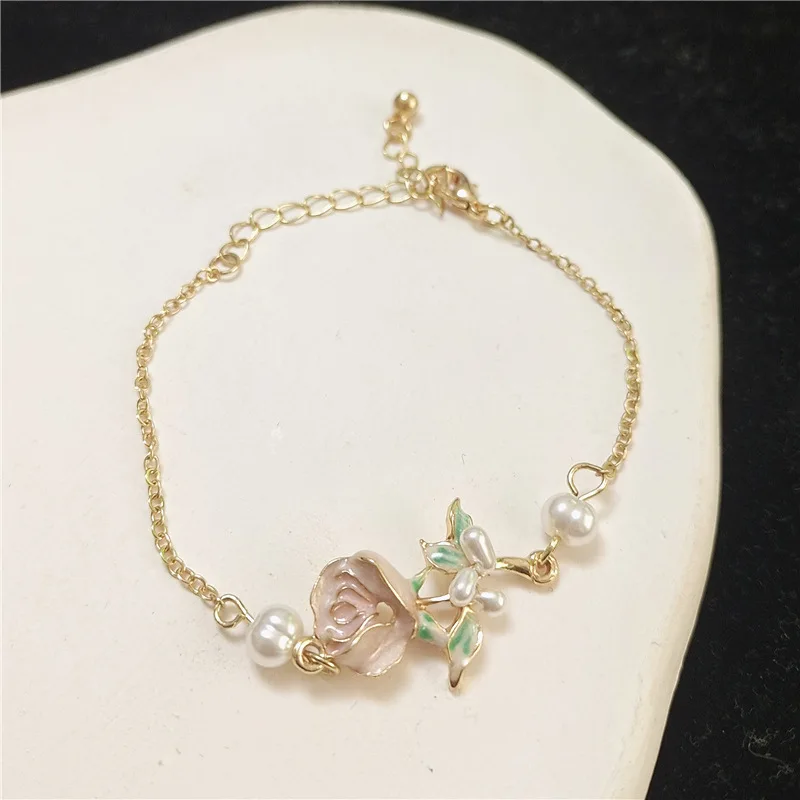 Factory Direct Rose Tea Beautiful Bright Flowers Long Earrings Bracelet Necklace Set Forest style French Retro Set
