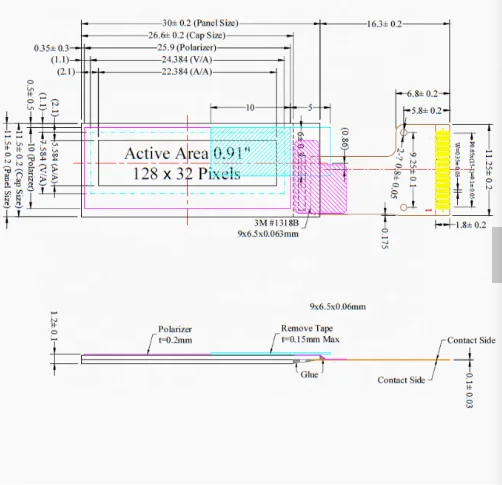 OEM 0.91" inch 128 * 32 OLED lcd module with 4-WIRE SPI interface ,wide viewing angle for smart watch