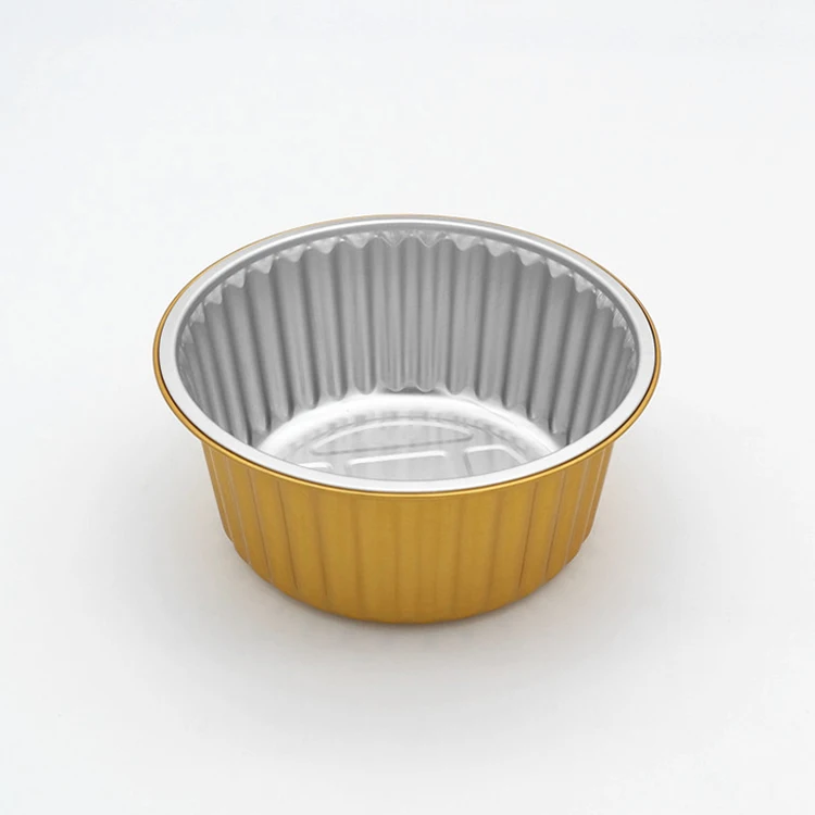 Food grade thickening 960ml gold color disposable round take away food boox deep cake pan aluminum foil tray with plastic lid