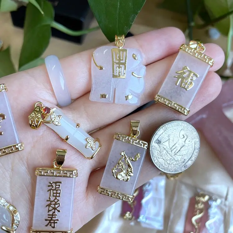 Fashion Wholesale Jewelry Agate white clear jade pendant buddha chinese word gold necklace
