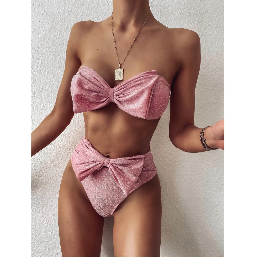 2021 new solid split bikini set two piece swimsuit women bathing suit Bright silk swimwear with bow