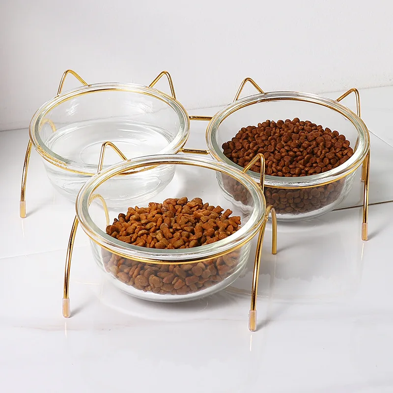 Eco friendly Wholesale Manufacturer Pet Food Feeder Glass Bowl Pet Cat Dog Bowl Stainless Steel Stand