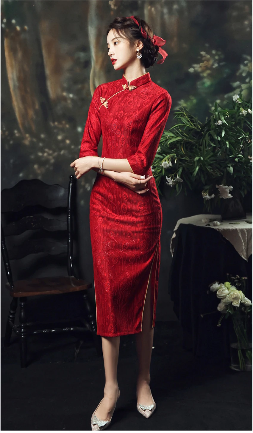 2025 new long bride qipao long sleeve luxury wedding red long dresses cheongsam women ladies party evening elegant factory