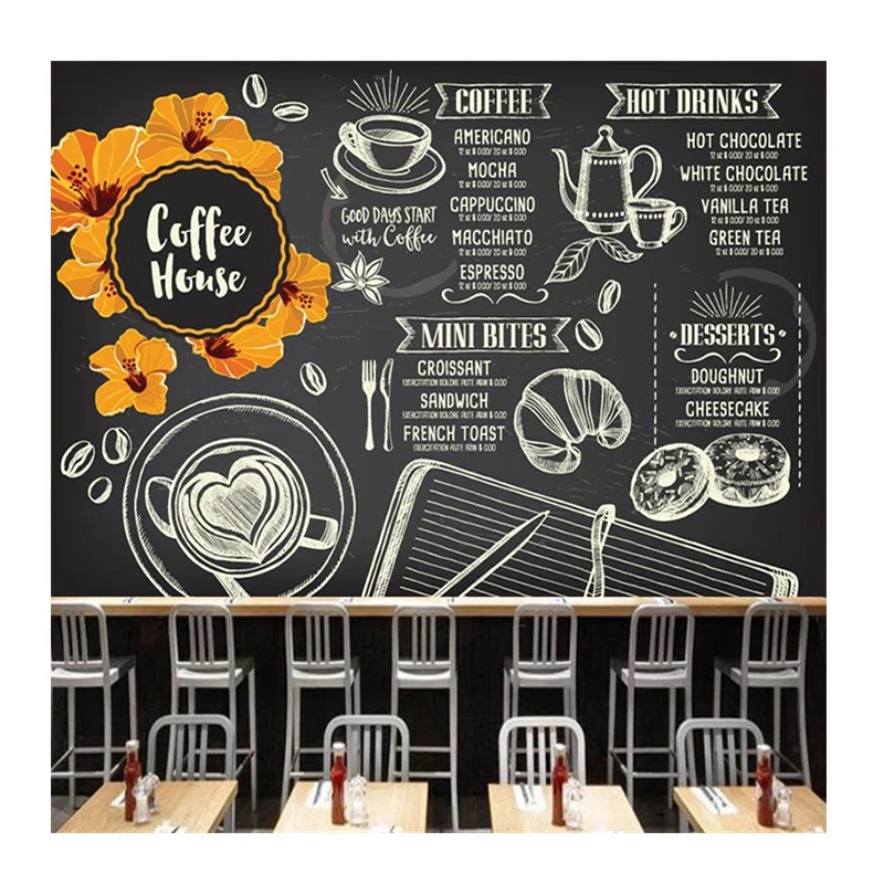 KOMNNI Hand Painted Coffee Wallpaper Industrial Decoration Mural Restaurant Cafe Afternoon Tea Cake Shop Background Wallpaper