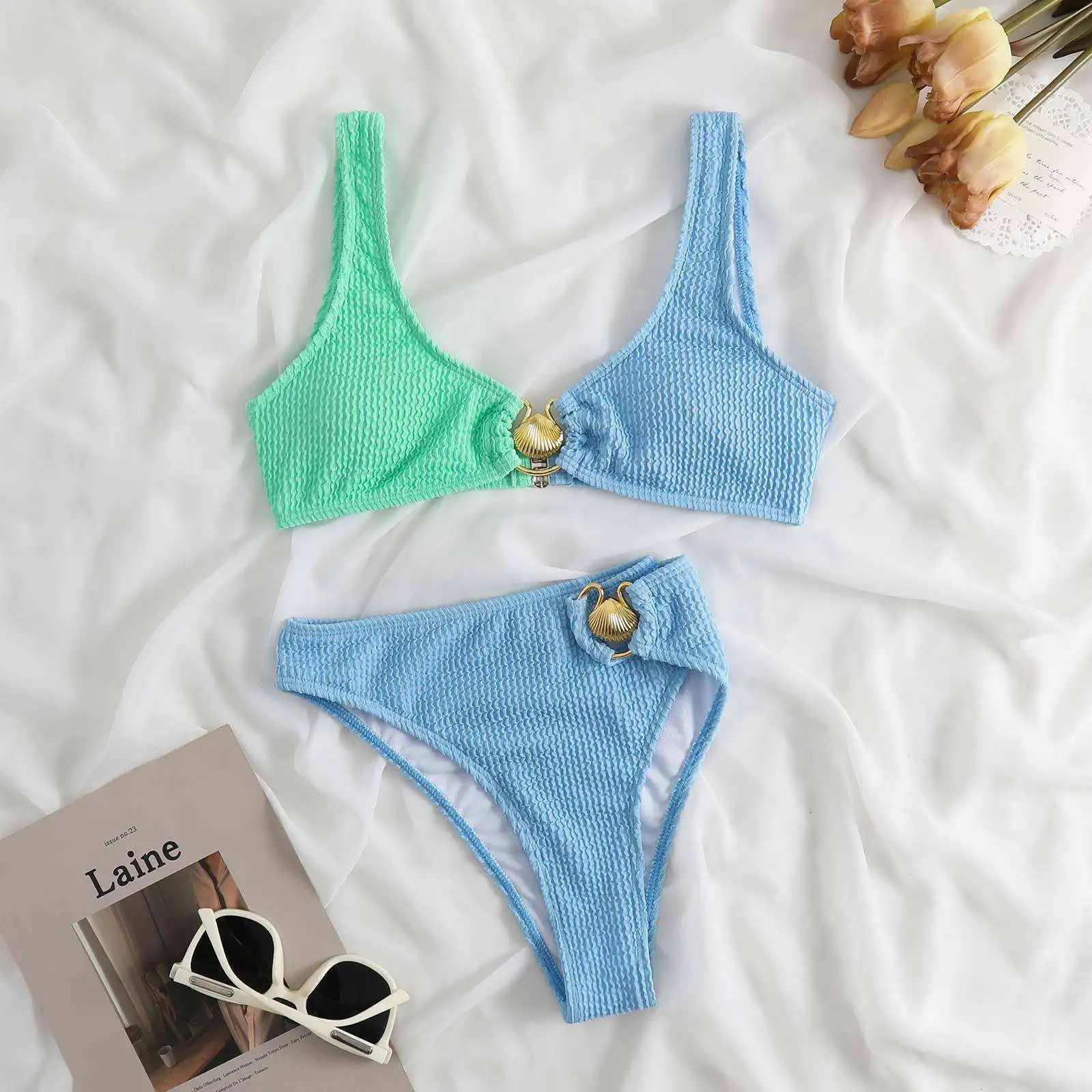 2023 Wholesale Custom Sexy Solid Color Two Piece Bikini Beachwear Polyester Swimwear Swimsuits For Women Girls
