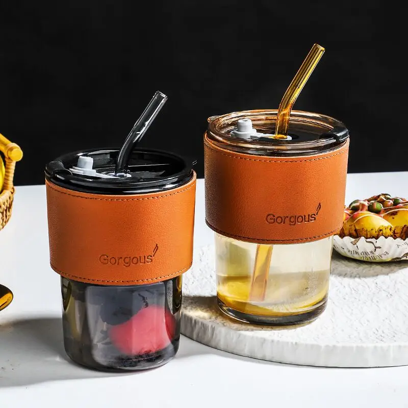 Promotional Gift Glassware 450 ml Wind Bamboo Coffee Bottle Tea Milk Glass Bottles Cup With Lid and Straw