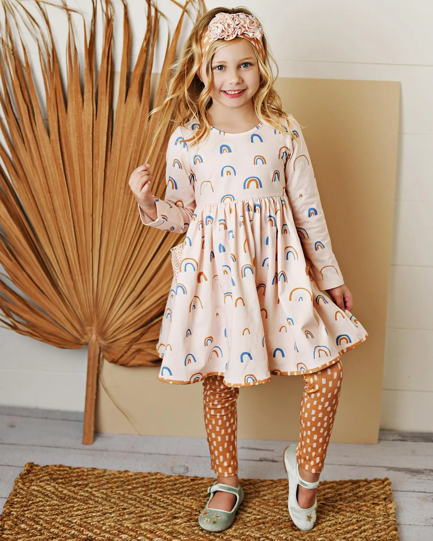 latest design wholesale customized children wear rainbow print dress dot print long pants girls clothing sets