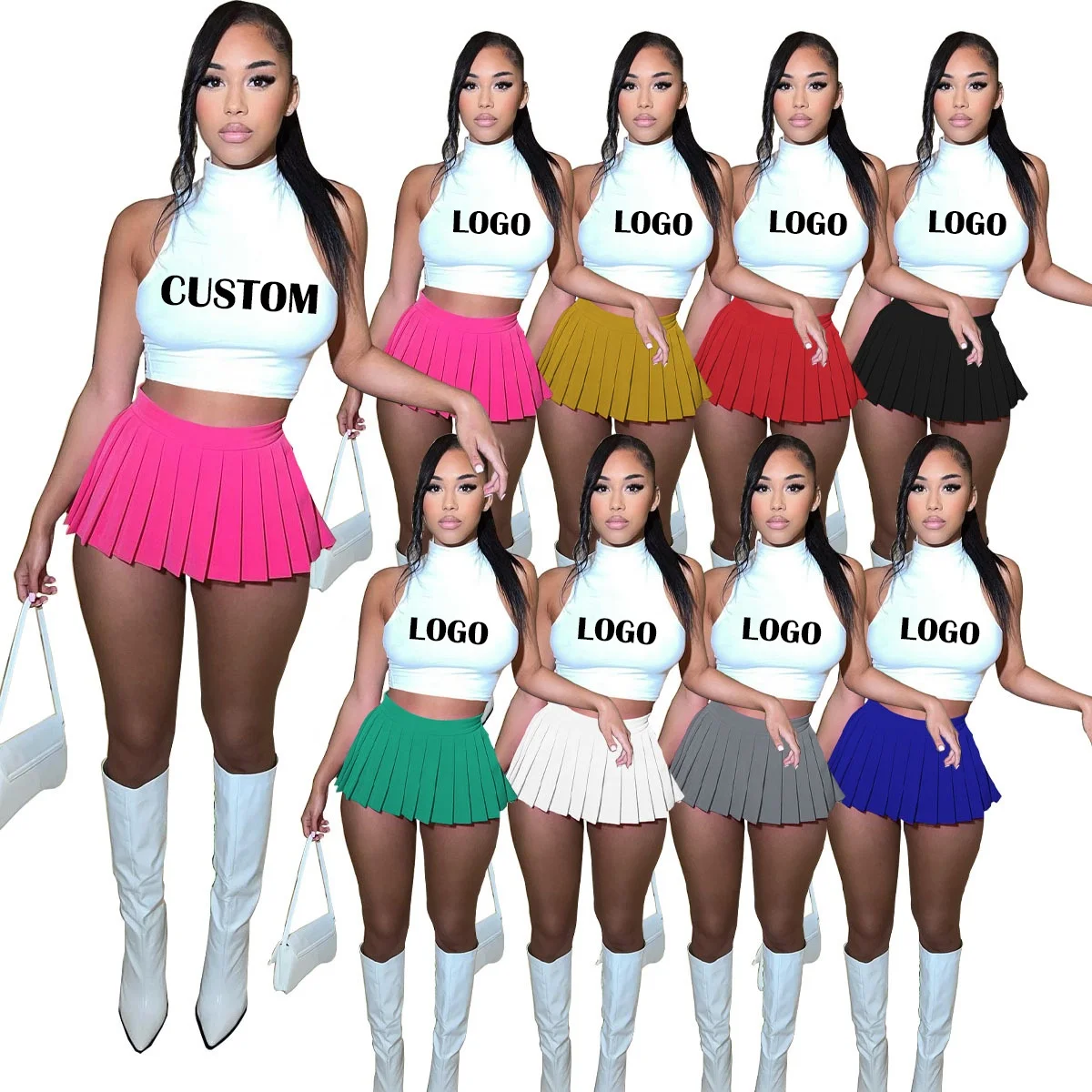 AD1356 Лидер продаж 2023 Новое поступление индивидуальный летний наряд короткий топ без рукавов женские комплекты футболка плиссированная юбка комплект из 2 предметов для