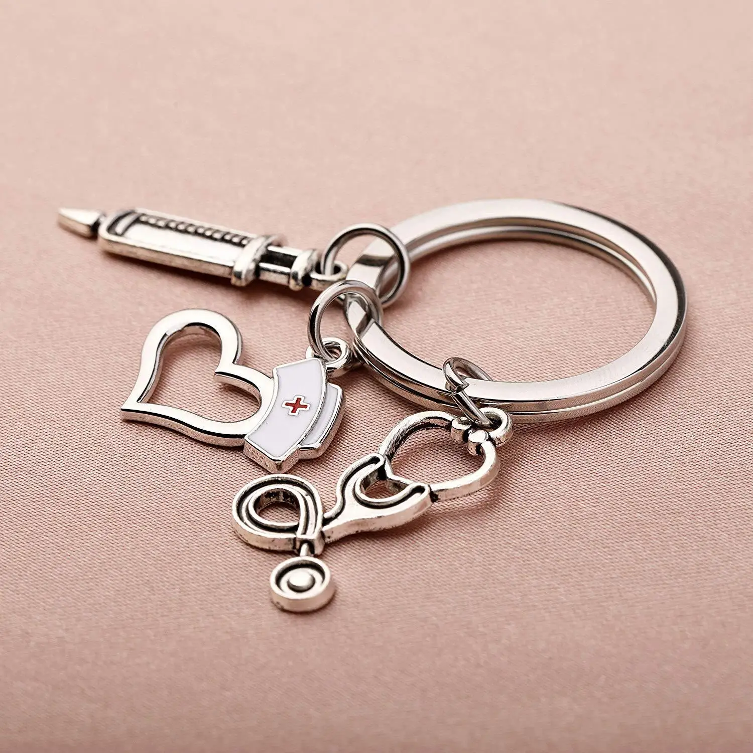 Peach Heart Shaped medical nurse metal keychain