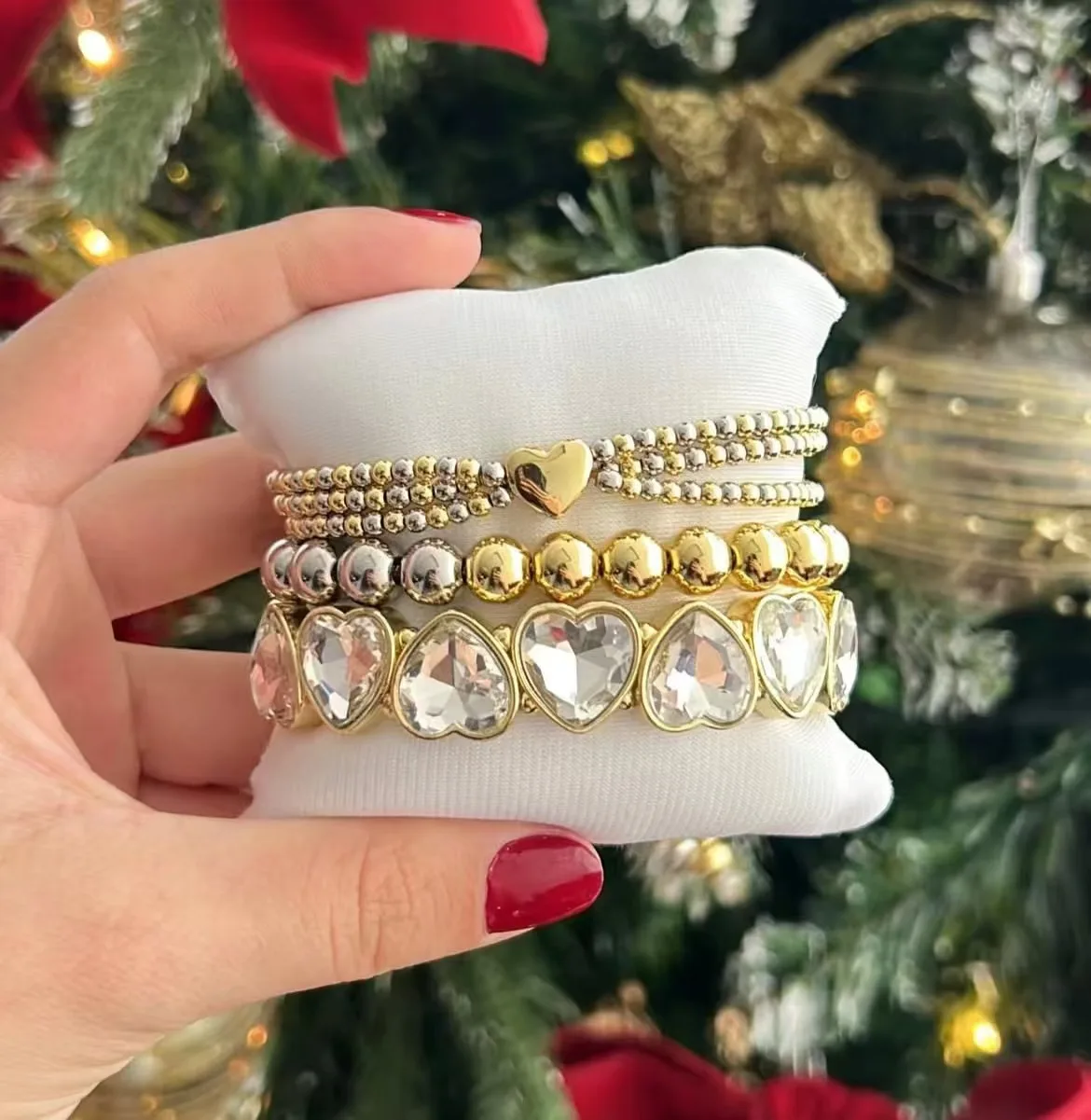 New Arrival Gold Silver Beads Bracelet Daily Wear Big Crystal Heart Adjusted Bracelet Women Fashion Jewelry Set Party Gift