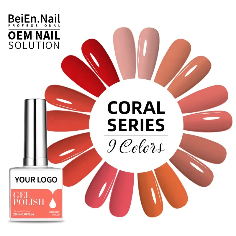 BeiEn Your Logo 18ml 20ml UV/LED Gel Polish High Pigment Coral Colors Collection Nude Pink Series Hot Selling OEM/ODM Bulk Kilo