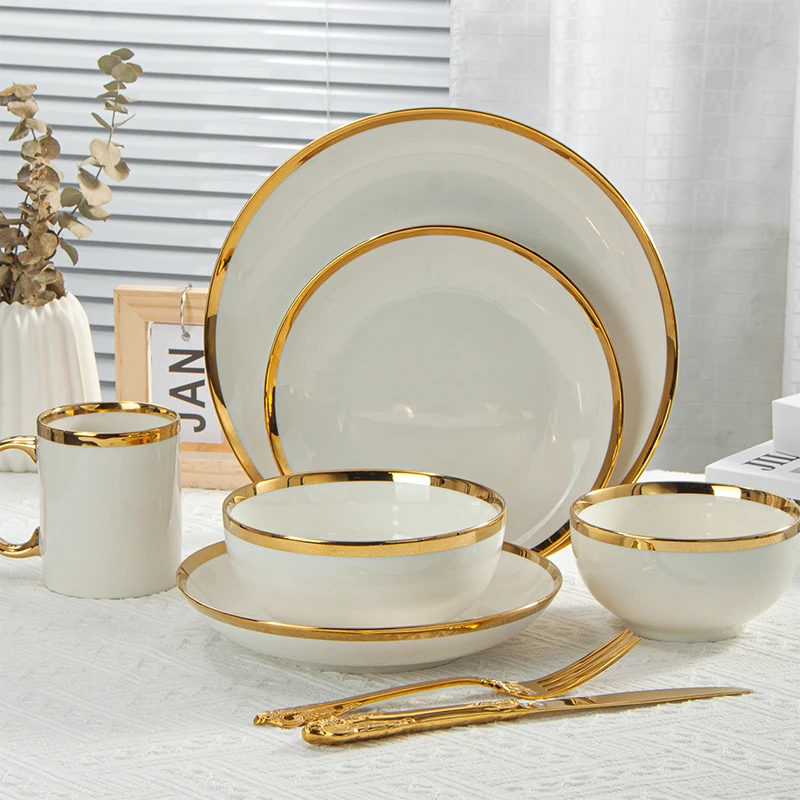 White Gold Rim Ceramic Dinnerware Sets Best Selling Nordic Elegant Porcelain Plates Dinner Sets