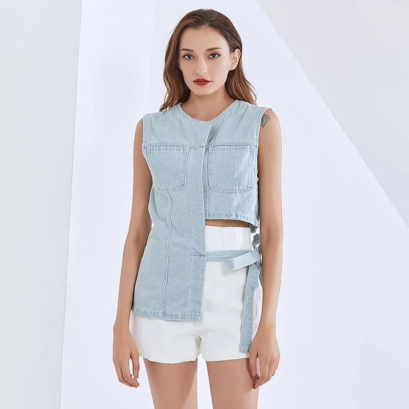 
CHICEVER asymmetric sleeveless off shoulder patchwork lace up ,2020 New Summer Hollow Out Fashion Women Streetwear 