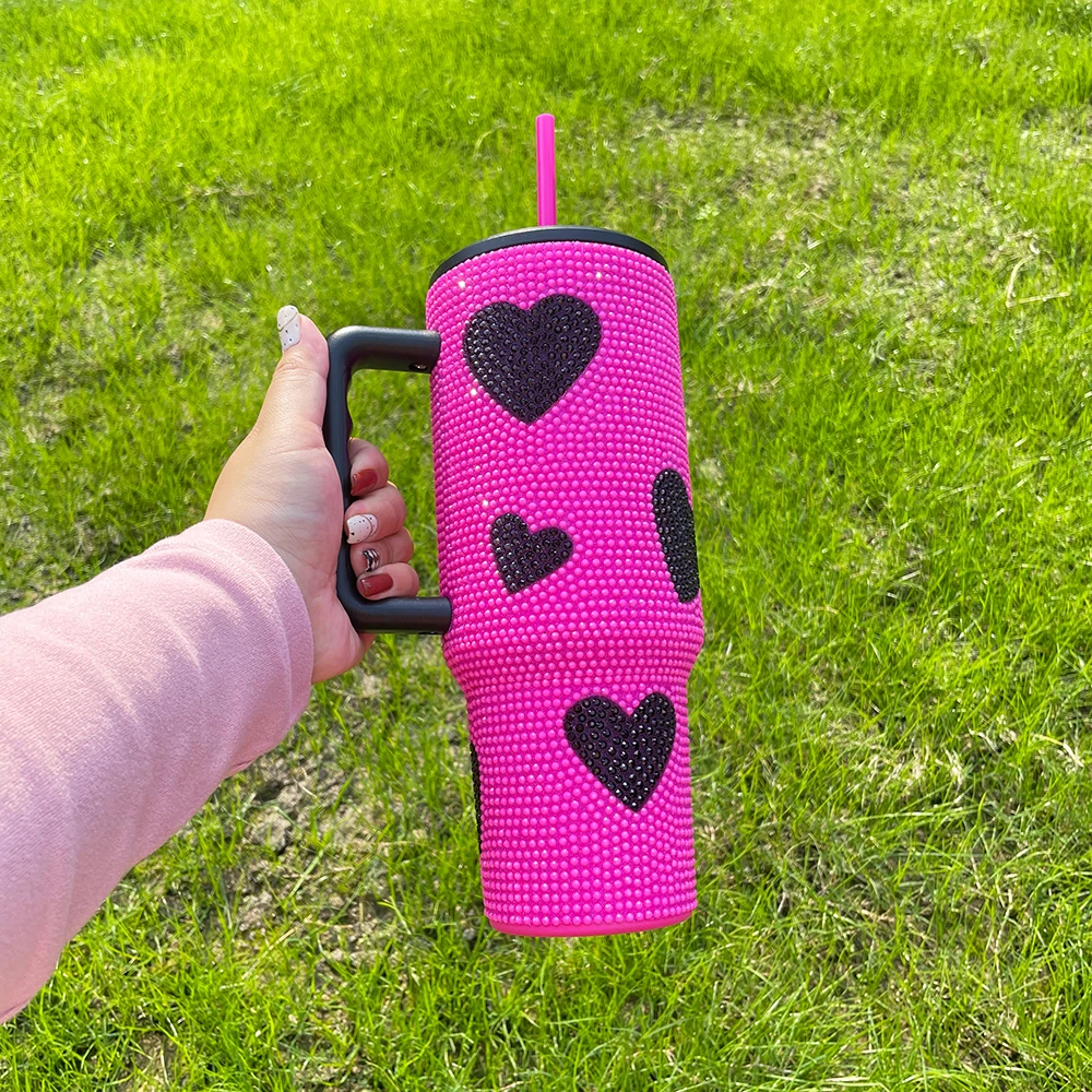 Reusable Insulated Vacuum Cup Double Wall Stainless Steel Diamond Bling Sweet Heart Travel Coffee Mug for Girl Gift